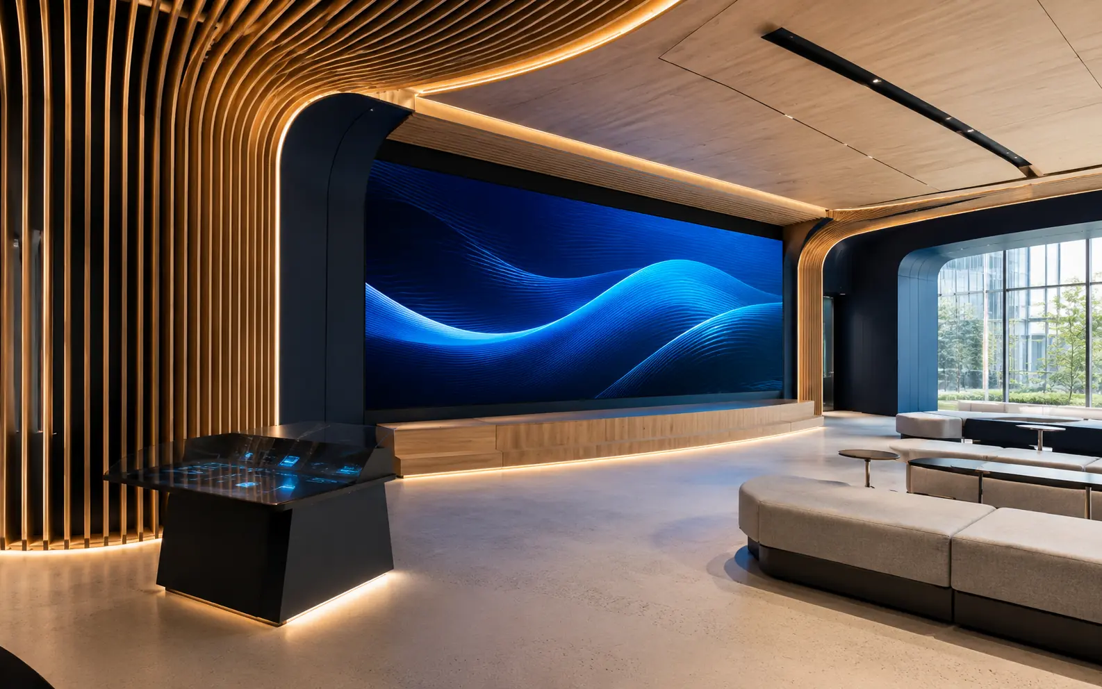 Integrated SmartClass Tech audio-visual environment with display, camera and room control